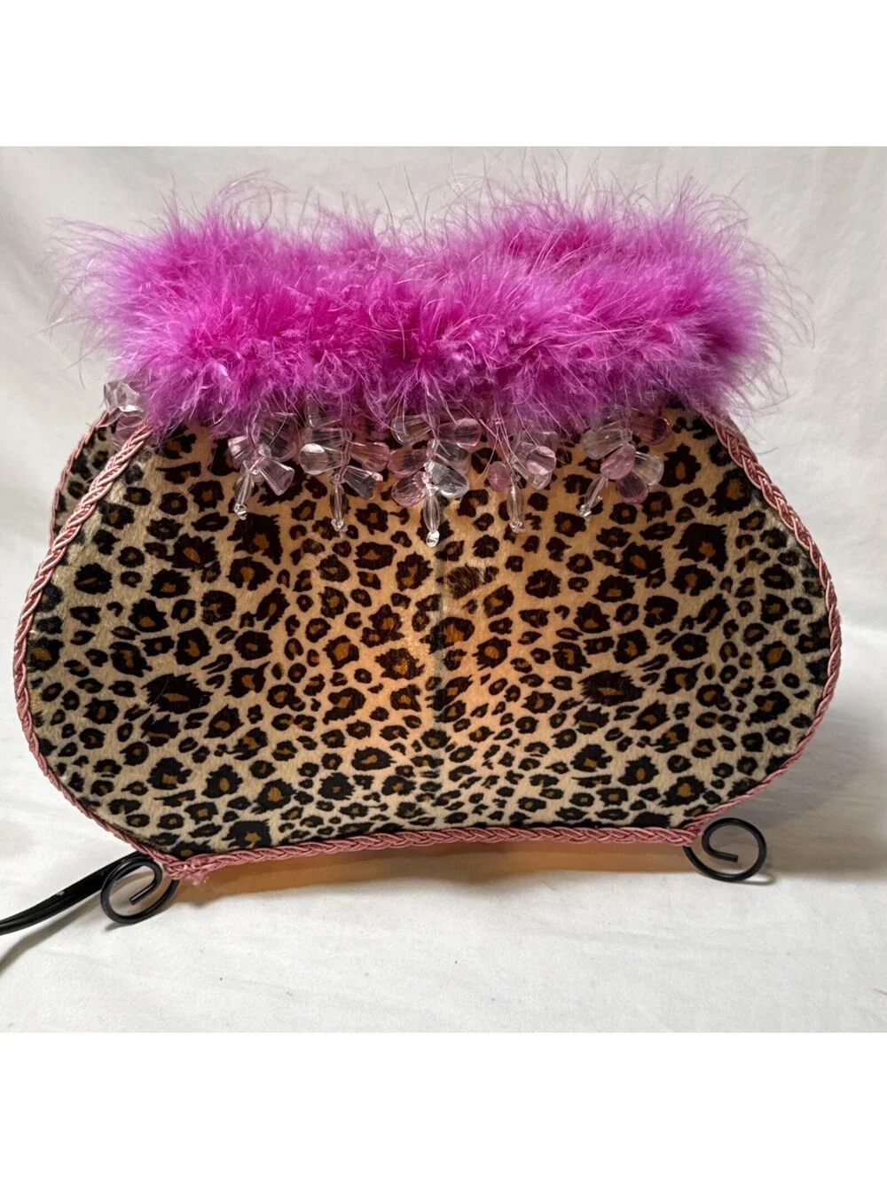 Animal Print Purse Clutch Table Lamp Dangle Beads Leopard Print Pink Faux Fur